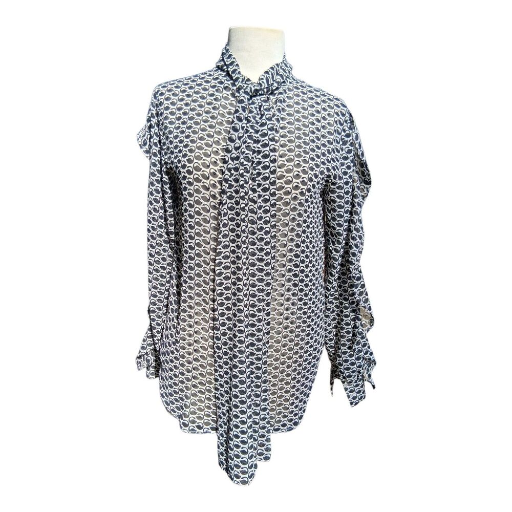 Ann Taylor Dress Shirt Blouse Sheer Black And White With Tie XS Women's